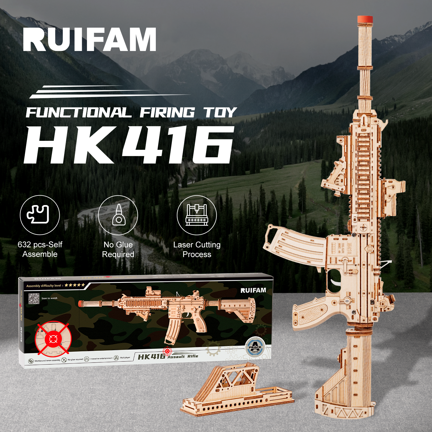 RUIFAM 3D Wooden Puzzles for Adults, 3D Puzzle Model Rubber Bands Gun Toys Building Kits, DIY Wood Crafts Cool Toy Hobbies for Men Women, Creative Assembly Gifts