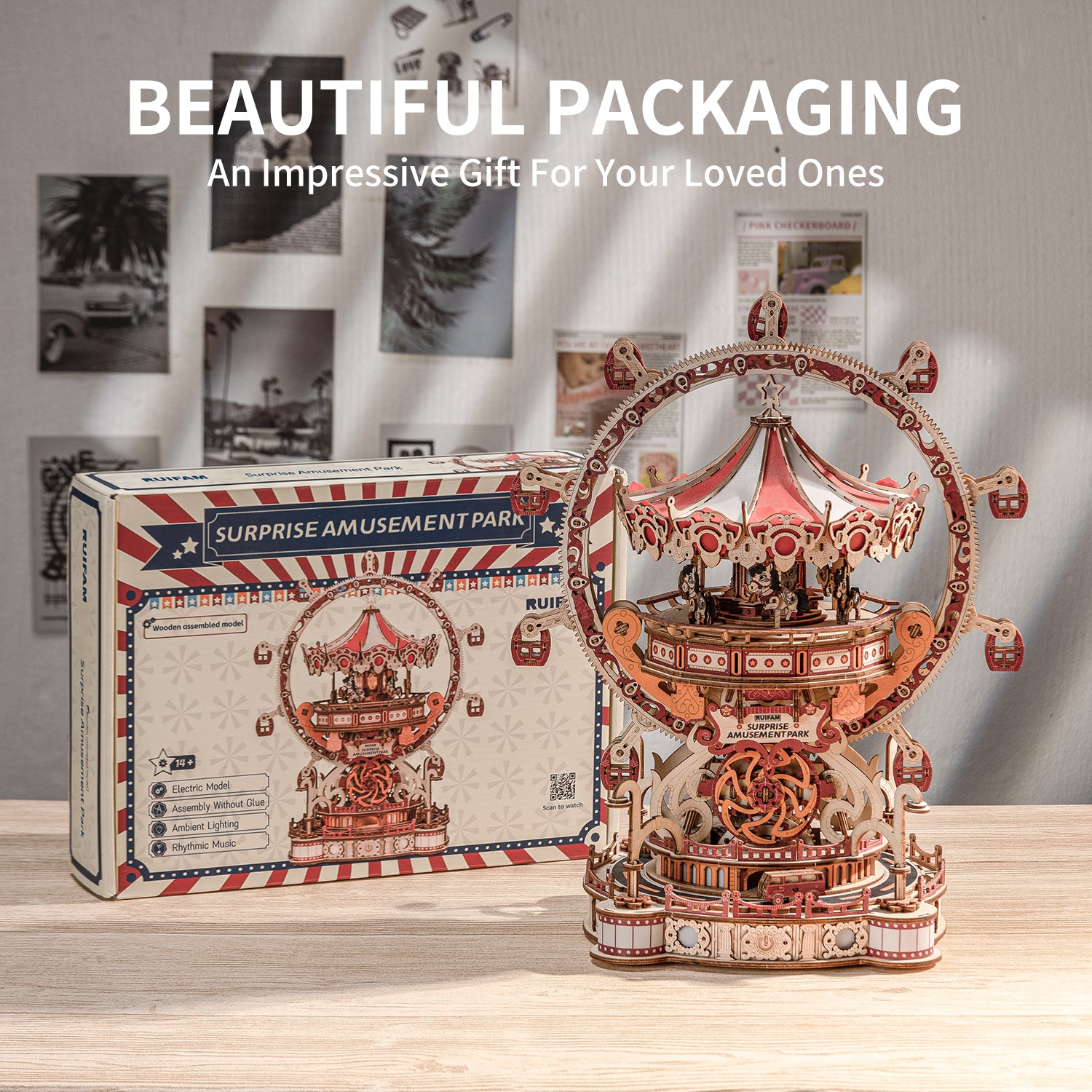 Ruifam 3D Puzzles for Adults, Wooden 3D Puzzle Model Surprise Amusement Park Music Box Toys Building Kits, DIY Wood Crafts Cool Toy Hobbies for Men Women, Creative Assembly Gifts