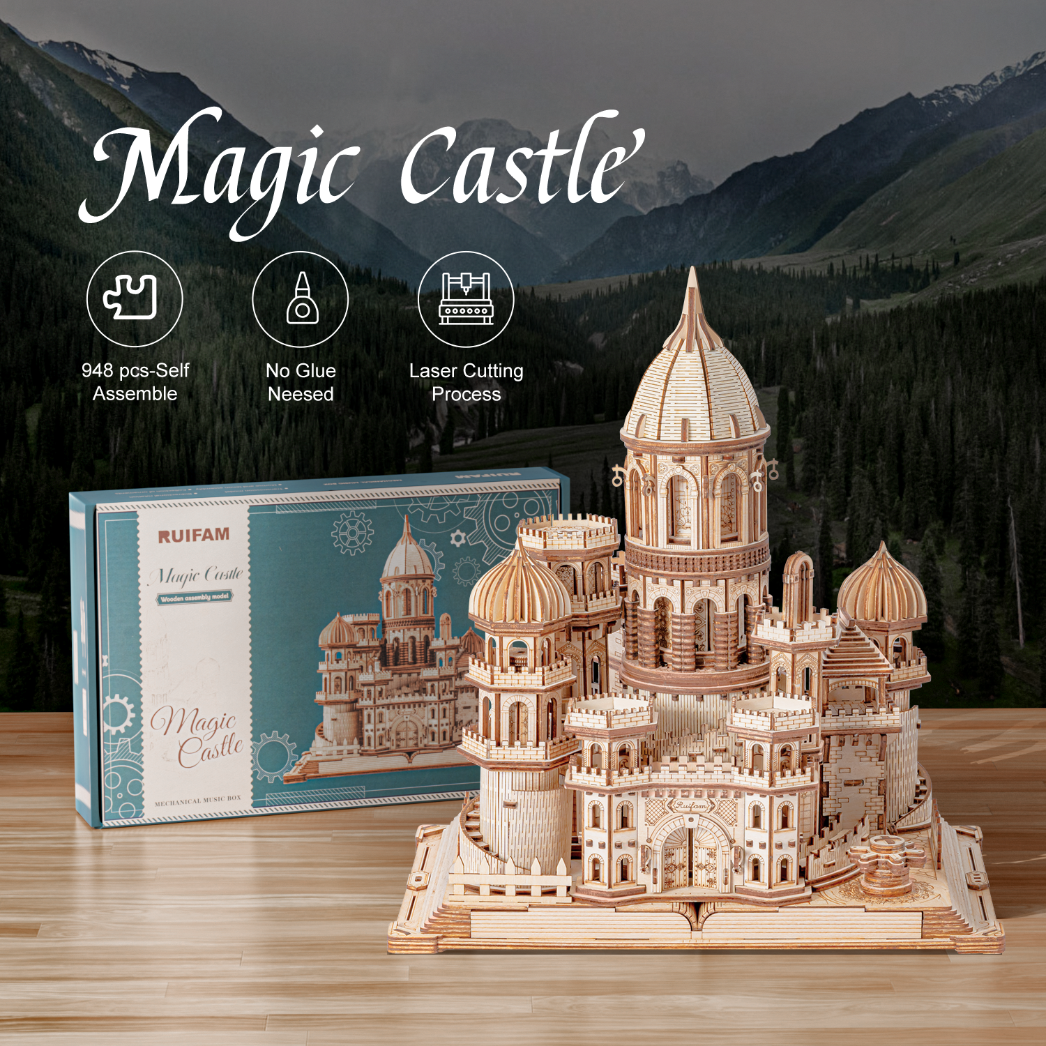 RUIFAM 3D Wooden Puzzles DIY Mechanical Wooden Wide Model Kit 1000 Pcs 3D Puzzles for Adults Teens 14+Years Puzzle Enthusiasts Box Clockwork Enchanted Castle
