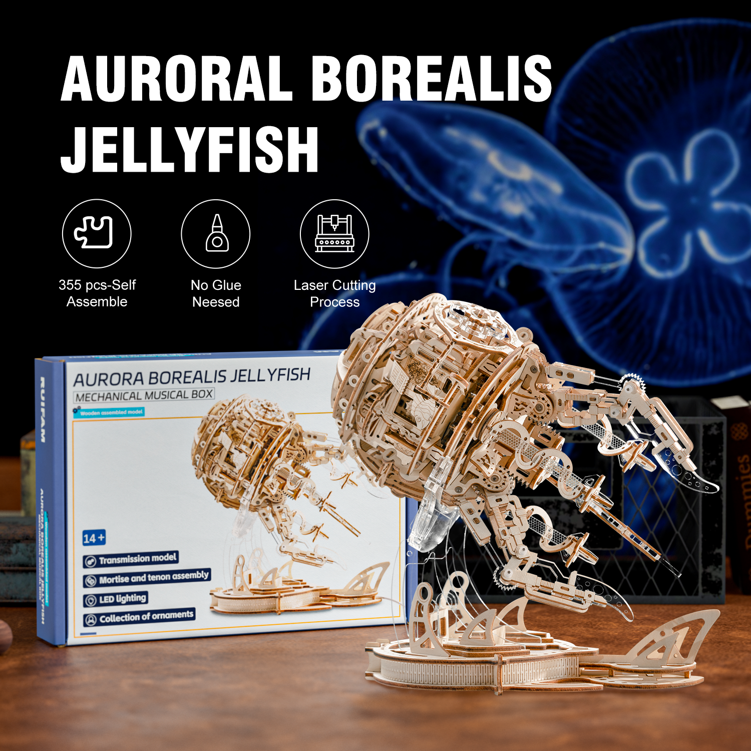 RUIFAM 3D Wooden Puzzles for Adults, 3D Puzzle Model Aurora Jellyfish Toys Building Kits, DIY Wood Crafts Cool Toy Hobbies for Men Women, Creative Assembly Gifts