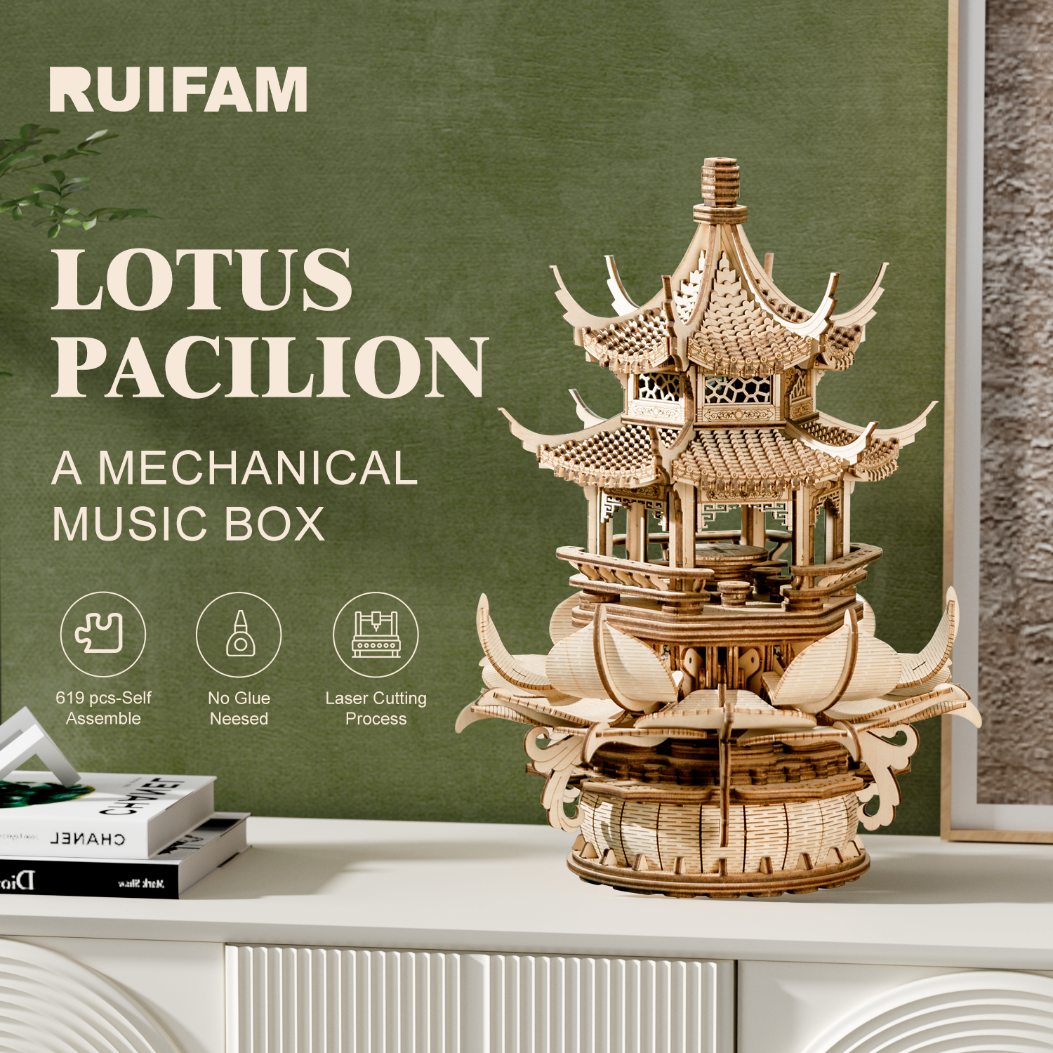 RUIFAM 3D Puzzles for Adults, Wooden 3D Puzzle Model Lotus Pavilion Music Box Toys Building Kits, DIY Wood Crafts Cool Toy Hobbies for Men Women, Creative Assembly Gifts