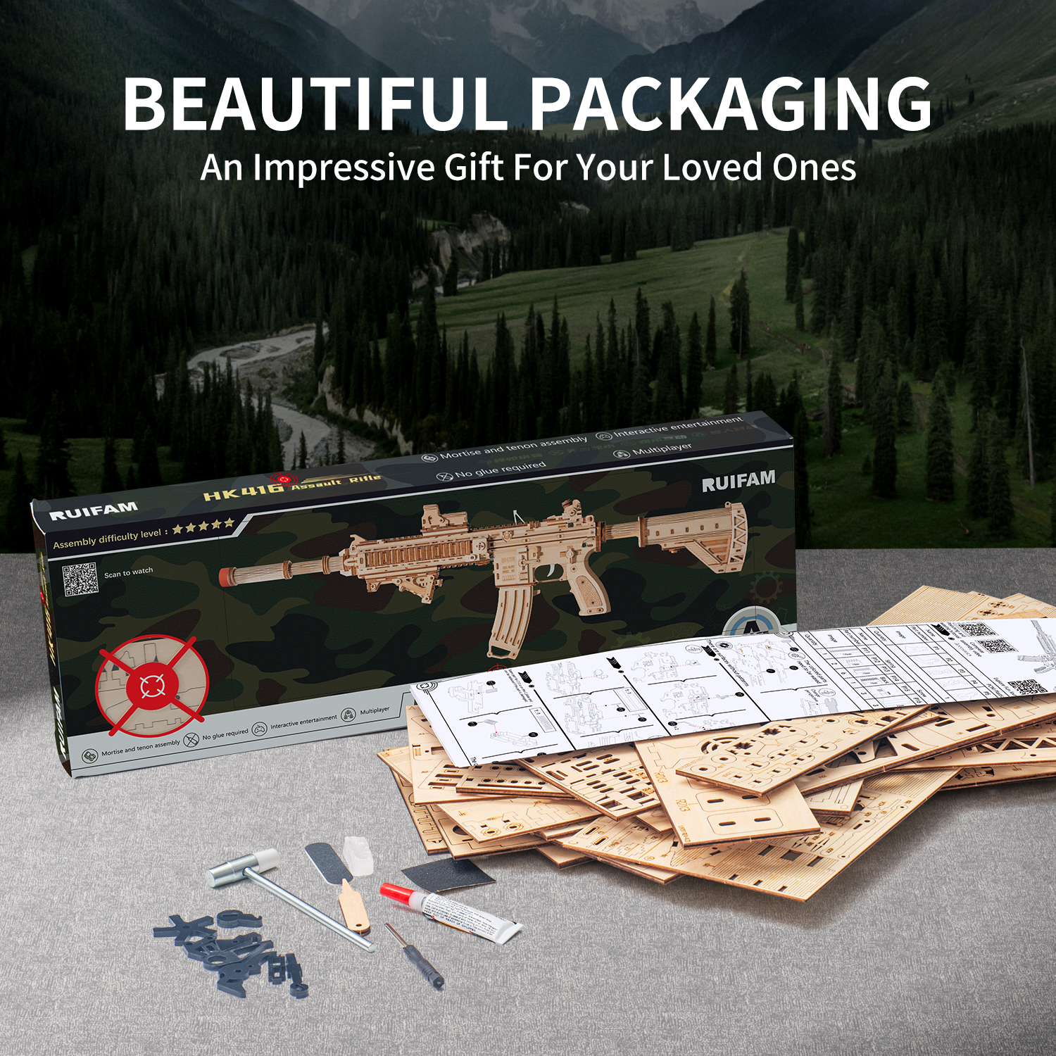 RUIFAM 3D Wooden Puzzles for Adults, 3D Puzzle Model Rubber Bands Gun Toys Building Kits, DIY Wood Crafts Cool Toy Hobbies for Men Women, Creative Assembly Gifts