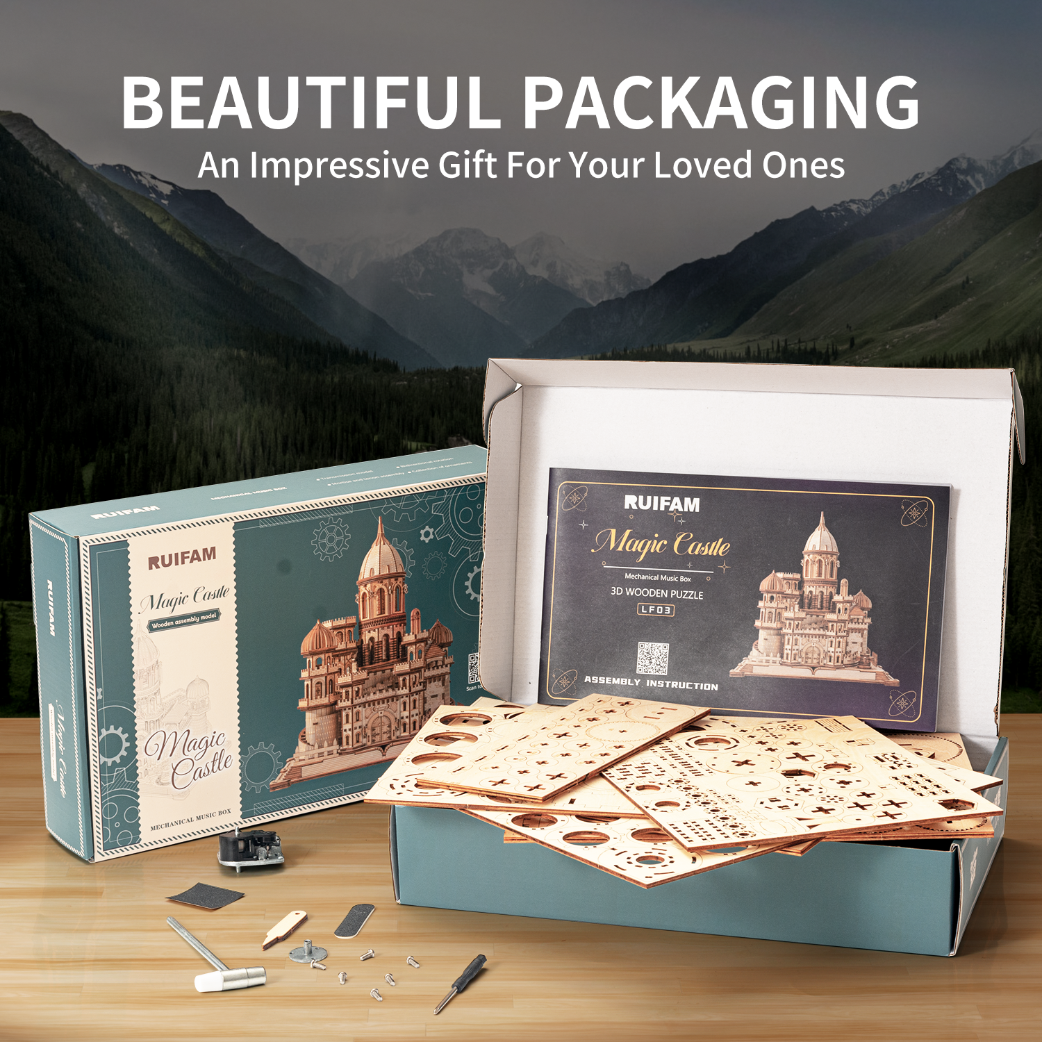 RUIFAM 3D Wooden Puzzles DIY Mechanical Wooden Wide Model Kit 1000 Pcs 3D Puzzles for Adults Teens 14+Years Puzzle Enthusiasts Box Clockwork Enchanted Castle