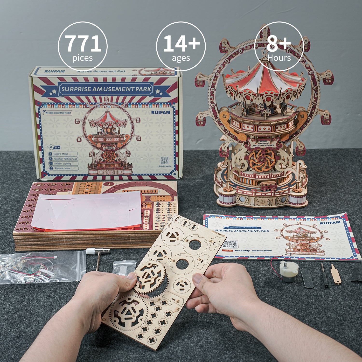 Ruifam 3D Puzzles for Adults, Wooden 3D Puzzle Model Surprise Amusement Park Music Box Toys Building Kits, DIY Wood Crafts Cool Toy Hobbies for Men Women, Creative Assembly Gifts