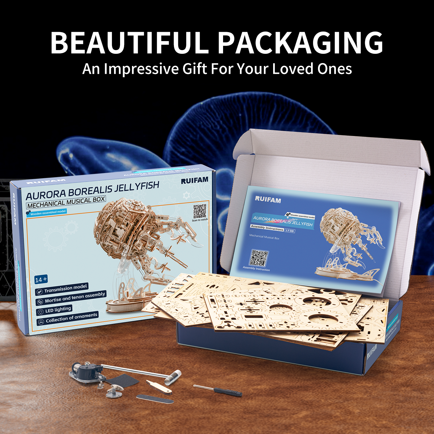 RUIFAM 3D Wooden Puzzles for Adults, 3D Puzzle Model Aurora Jellyfish Toys Building Kits, DIY Wood Crafts Cool Toy Hobbies for Men Women, Creative Assembly Gifts